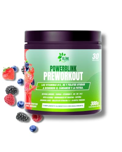 PowerBlink Pre-Entreno en Polvo – Suplemento Preworkout con Creatina, Beta-Alanina, Cafeína y Vitaminas B – Energía, Resistencia y Rendimiento – Sabor Frutos del Bosque – 300 g