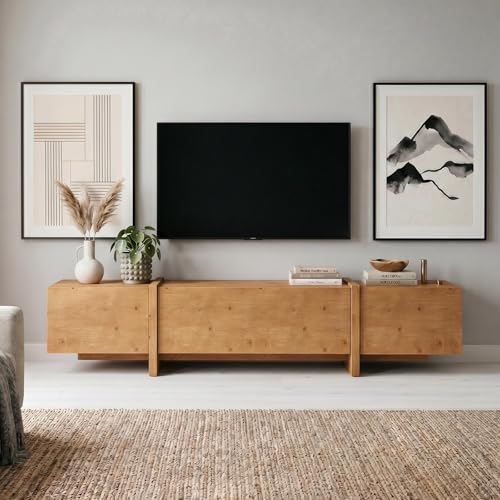 IDIMEX Meuble TV Leila L 220 cm en Bois Massif Coloris Chêne avec 2 Portes et 1 Abattant avec Étagères, Convient pour TV jusqu'à 249 cm (98