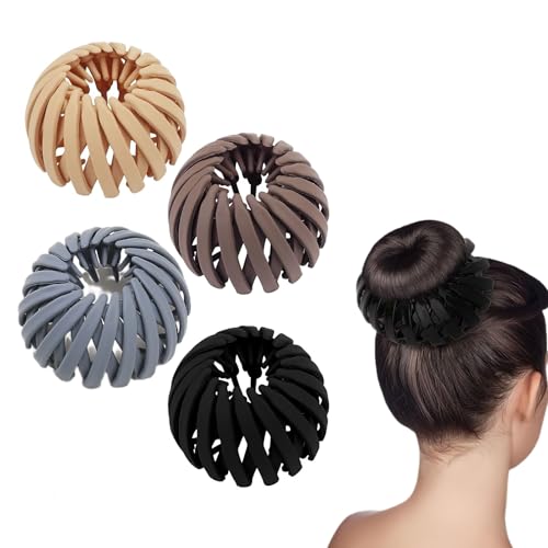 4 Pcs Bird Nest Hair Clips Matte Plastic Expandable Nest Plate Hairpin for Thin Hair Magic Lazy Clamps Ponytail Holder Bun Maker for Women(Black Coffee Light Pink Beige)