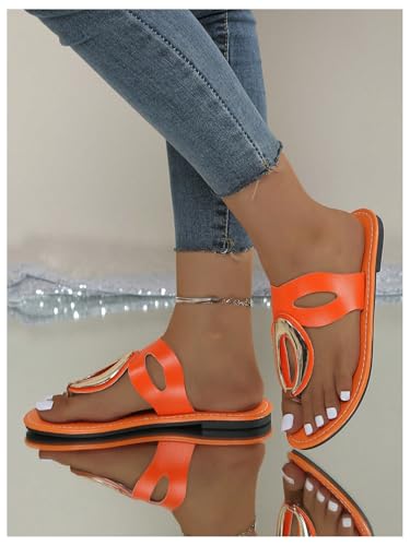 OYOANGLE Women's Metal Decor Leather Thong Sandals Open Toe Slip on Flat Sandal Casual Flip Flops4