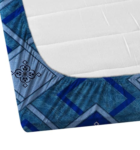 Image of DECORUM 280 TC Fitted Double Size, Elastic Bedsheet, 72x78 + 10 Inches Drop,with 2 Pillow Covers (Blue Zigzag)