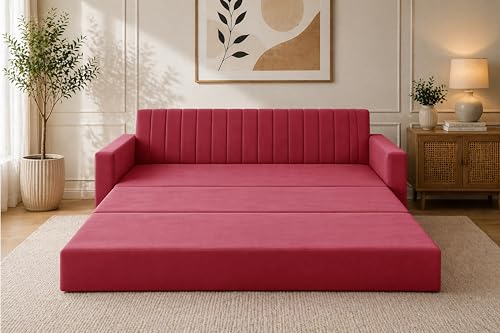 Image of Modern Velvet 3-Seater Sofa Cum Bed with Armrest, Convertible Sleeper Couch Sofa for Living Room, Bedroom & Office-Red