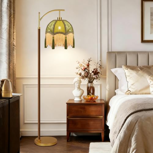 Image of AHDWDW Gold Vintage Floor Lamp for Living Room Bedroom,Arc Victorian Floor Lamps with Remote,Wood Standing Tall Lamp with Green Tassels Velvet Lampshade,Fringe Dimmable Modern Floor Lamp for Corner