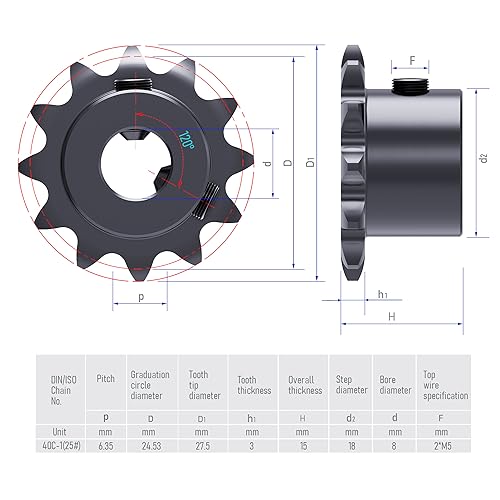 Image of 12 Tooth Roller Chain Sprocket B Type Hardened Teeth, 25 Chain Sigle Strand 1 /4-Inch Pitch, 8mm Bore Black Oxide C45 Carbon Steel with Fasten Screws for 04C Chain