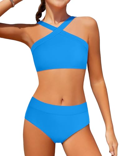 Image of Girls Swimsuits 2 Piece Bikinis Set Colorblock Bathing Suits Criss Cross Strap Girls' Swimwear