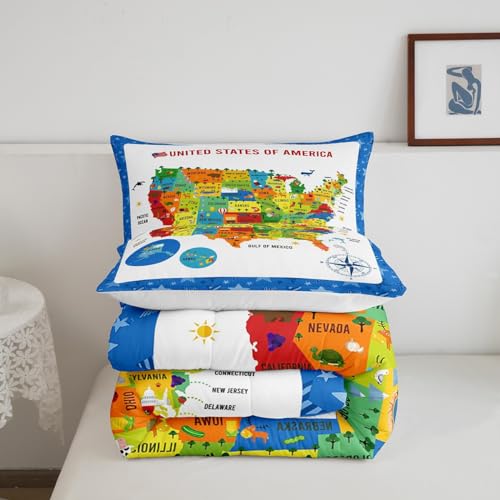 Image of US Geography Comforter Full Size, Geography USA Map Comforter Set for Kids Boys Girls Teens Learning Educational Bedding Set Educational Map Duvet Set Durable Bed Set 3Pcs