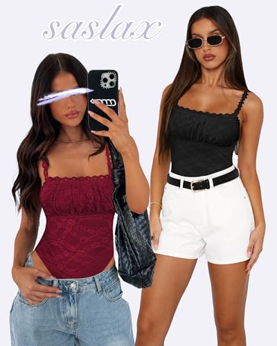 Saslax Women's Sexy Square Neck Lace Sleeveless Bodysuit Tank Tops Double Lined Body Suit Thong Outfits