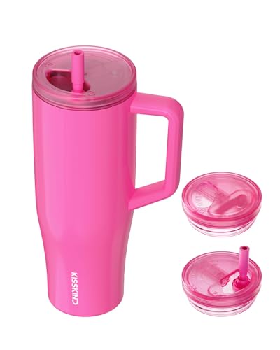 KISSKIND 40 oz Lumispin Tumbler with Handle and Hidden Straw, 100% Leak Proof Water Cup with Handle, Insulated Water Bottle for Travel, Mom, Nurse, Teacher, Student, Neon Pink
