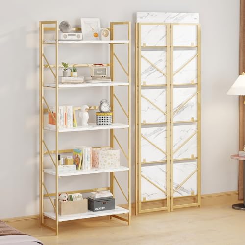 Image of JSB 5 Tier No Assembly Folding Bookshelf, Foldable Storage Bookcase for Home Office, Space-Saving Storage Shelf for Living Room, Bedroom, Office (White&Gold)