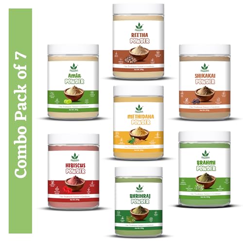 Image of Havintha Amla Reetha Shikakai Methidana Hibiscus Bhringraj & Brahmi Powder - Each 250 Grams (Combo pack of 7)