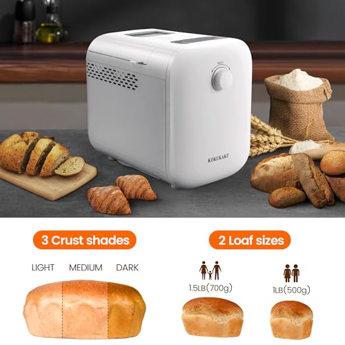 22-In-1 Compact Automatic Bread Maker Machine, 1LB/1.5LB Programmable 2 Loaf Sizes, 3 Crust Colors, Small Digital Home Bakery with Dough, Cake, Jam, Yogurt, Non-stick Pan, White image 4