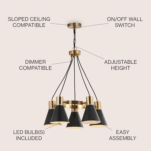 Image of JONATHAN Y Apollo Mid-Century 5-Light Pendant 22 inch, Black /Brass Gold | Modern, Adjustable Height, Metal Cone Shade, Kitchen Island, Hallway, UL Listed, Slope-Compatible, LED Bulb Included