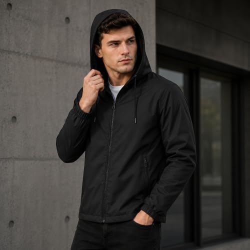 Image of MIA FASHION Men's Hooded Waterproof Rain Jacket Lightweight Wind Resistant Jacket with Zipper Pockets for Bike Riding, Travel & Outdoor Use