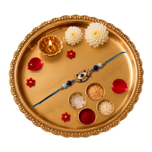 Image of EITHEO Blue Evil Eye Rakhi for Brother, Handmade Designer Raksha Bandhan Thread with Gold Finish Charm & Decorative Beads, Roli Chawal, Chandan & Mishri (Pack of 2)