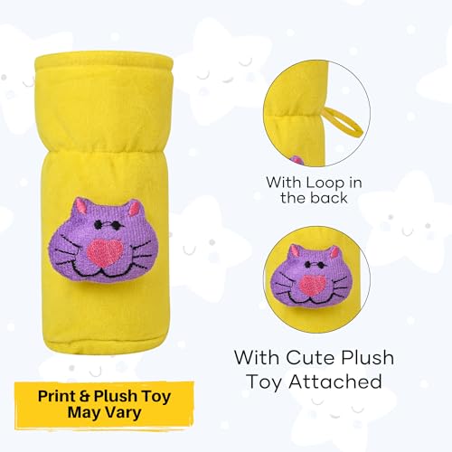 Image of Soft Plush Stretchable Baby Feeding Bottle Cover Easy to Hold Strap with Cute Animated Cartoon| Suitable for 60-125 Ml Feeding Bottle (Yellow-Light Blue)