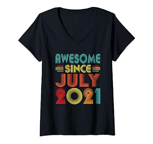 Donna Awesome Since July 2021 Birthday Year 2021 Vintage Men Women Maglietta con Collo a V