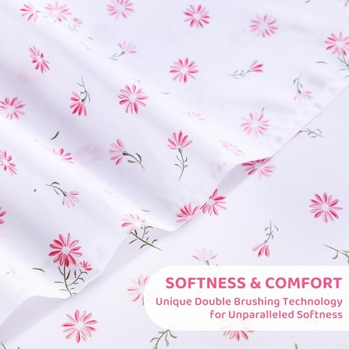 Image of Mooreeke Cozy Vintage Microfiber Printed Floral Twin Sheet Set - Soft & Breathable Pink Daisy Bed Sheets with Extra Deep Pocket - Non-Slip Fitted Design - Daisy Pattern - Twin