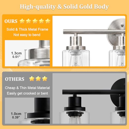 Image of Unicozin Modern Bathroom Light Fixtures, 3 Light Vanity Lights with E26 Bulbs, Brushed Nickel Wall Lamp with Clear Glass for Mirror Living Room Hallway Cabinet Porch