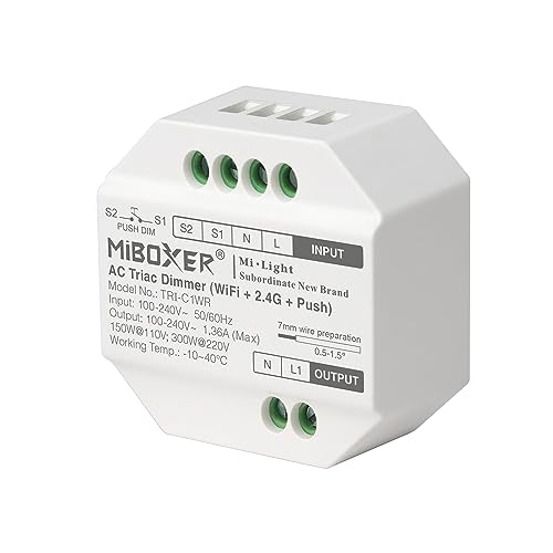 LIGHTEU®, Miboxer Smart AC Triac Dimmer (WiFi+2.4G+Push), supporto Tuya Smart Alexa e controllo vocale domestico Telecomando 2.4GHz Push dimming, TRI-C1WR