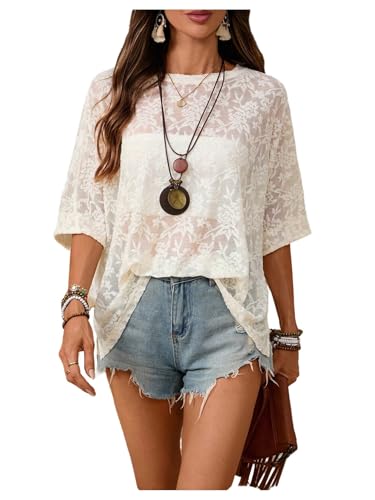 SOLY HUX Women's Floral Mesh Tops Short Sleeve Crew Neck