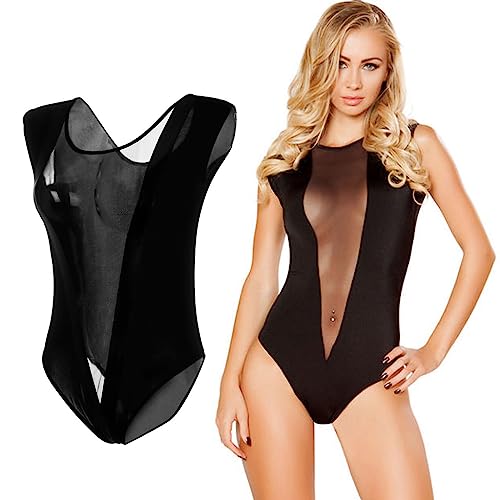 Body Damen mit Tiefer V-Ausschnitt und Netzstoff, Sexy Dessous Bodysuit ganz in Schwarz Spitze Elegant Dehnbar Bodies Festival Sommer Blusenbody vier Jahreszeiten Slim Lässig Oberteil Ohne Ärmel