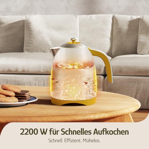 Hazel Quinn Elektrischer Retro Wasserkocher mit 2200 Watts, 1,7Liter 304 Edelstahl, Automatische Abschaltung, Trockengekochschutz, Vintage Design, BPA-frei By Eduardo Recife, Gelb mit Blumenmuster