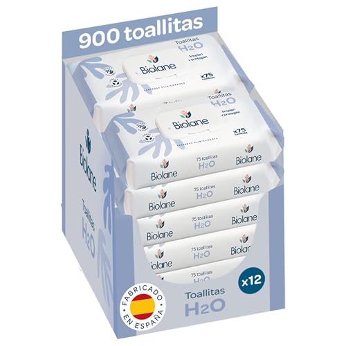 Biolane - Toallitas de agua H2O Bebé, 900 Toallitas (12 Paquetes de 75 Unidades), 99% Ingredientes Naturales, Fibras 100% Vegetales, Bebés y recién nacidos, Piel Sensible, Fabricadas en España