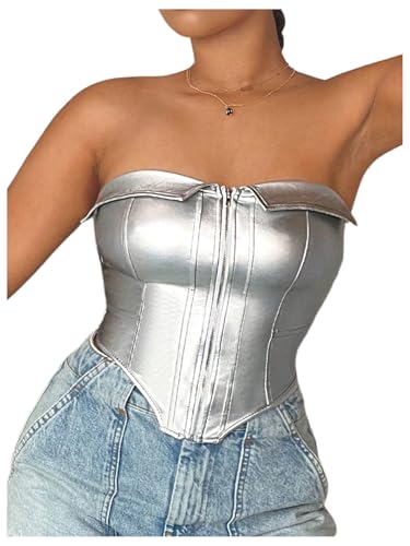 GORGLITTER Womens Metallic Strapless Bandeau Tube Tops Sleeveless Backless Asymmetrical Country Concert Corset Tops Silver Zip Medium