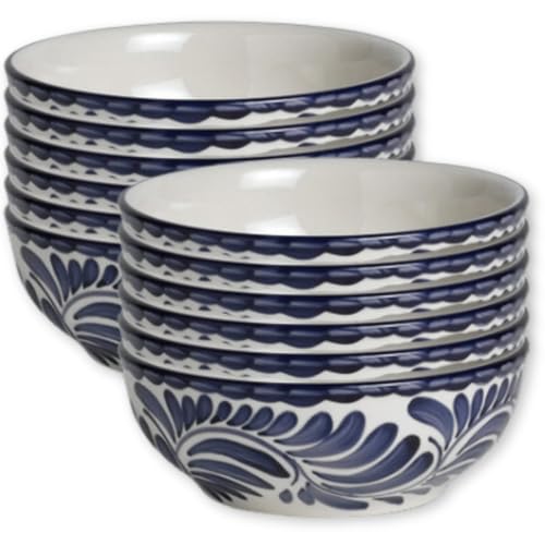 Steelite Small Serving Nappy Bowl, Anfora Puebla Blue Botanical Hand Painted Mexican Vitrified China, Commercial Restaurant Hospitality Industry Dinnerware, 5.2