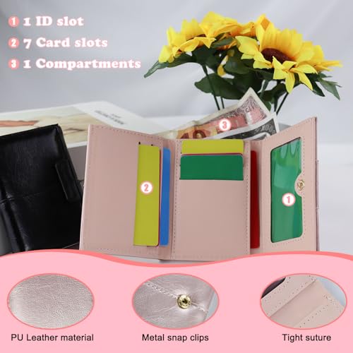 WishLotus Small Wallets Woman, PU Leather Slim Credit Card Holder Compact Ladies Wallets with ID Window Trifold Wallet for Traving Shopping (Pink)3