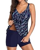 Yonique Women 2 Piece Flowy Tankini Swimsuits with Boyshorts V Neck Swim Tank Tops Bathing Suits Modest Swimwear Navy Blue Stripe L