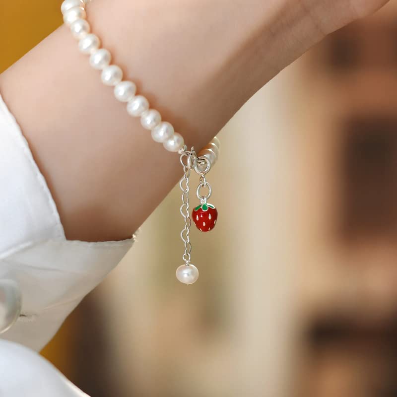 Pulsera con Colgante De Fresa Y Perlas Naturales De Agua Dulce, Joyería De Plata De Ley 925, Regalo para Mujer