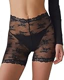 Cusghjbsg Women’s Sheer Lace Biker Shorts Summer Solid Color Floral Mesh High Waist Anti-Chafing See Through Panty Shorts Underwear (Black A, L)