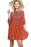 Boho Bliss! Embroidered Bodice Bell Sleeve Babydoll Dress (Medium, Clay)