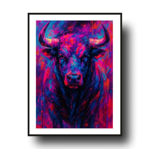 Poster de taureau néon pour décorer un salon moderne avec un art mural coloré
