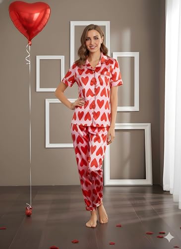 Image of Women's Lycra Heart Printed Night Suit Set of Shirt & Pajama Set Women Night Wear Set,Night Dress for Woman