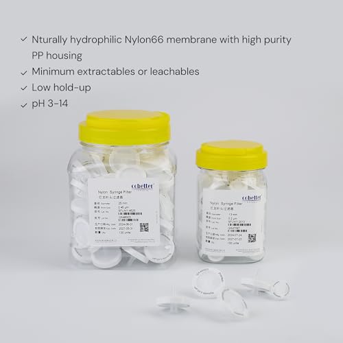 Image of Pack of 100 Nylon Syringe Filter 1.0μm Pore Size 25mm Diameter Hydrophilic Lab Filters Non-sterile, (Nylon, 1.0um 25mm, White)