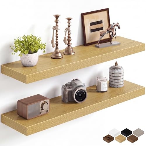 Image of Fun Memories 32Inch Floating Shelves for Wall, 8 Inch Deep Shelves for Bathroom|Bedroom|Kitchen Wall Mounted, Wood Hanging Shelf with Invisible Brackets for Home Storage Decor, Oak - 2 Pack