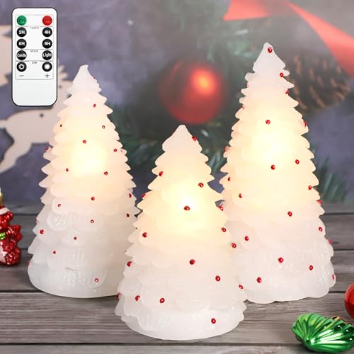 Image of MELTONE LED Christmas Candles with Remote: Handmade Carved Christmas Tree Real Wax Holiday Flameless Candles - Home Party Bedroom Xmas Holiday Easter Spring Decorations - Set of 3