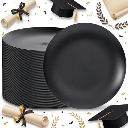 EI enjonirinjonir 80pcs Black Plastic Plates Disposable for Dinner,10.25inch Party Plates Disposable Heavy Duty,Elegant Matte Plastic Plate Frosted is Ideal for Wedding/Birthday/Graduation Decorations