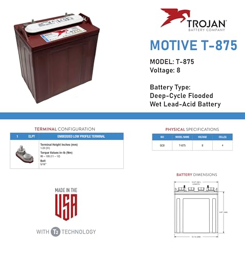 Trojan T-875 8V 170Ah Flooded Battery