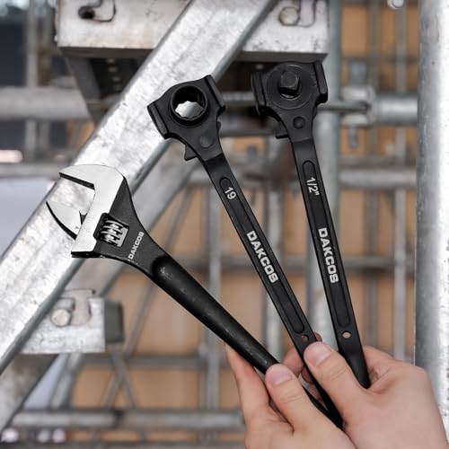 Image of DAKCOS 3pcs Spud Wrench Set, 3 /4 inch x 7 /8 inch Dual Socket Scaffold Wrench, 3 /8 inch x 1 /2 inch Dual Head Ratchet with Hammer Head and 12 inch Spud Spanner