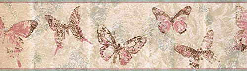 Decorative Wallpaper Border Abstract Butterflies Pattern Wall Décor Colors Pink Beige Brown Retro Classic Style Size 6.75 Inch By 15 Feet #TOP7