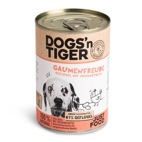 Dogs’n Tiger Adult Premium Nassfutter für Hunde, Gaumenfreude, Hunde Nassfutter, Rezeptur mit 67% Fleischanteil an Geflügel, ohne Zucker, Getreide & künstliche Aromen, 6X 400g
