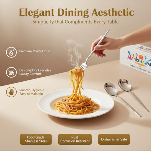 Image of Classic Silver 24 Pcs Stainless Steel Cutlery Set for Dining Table, Dishwasher Safe Glossy Flatware (Perfect Spoon Fork Set)