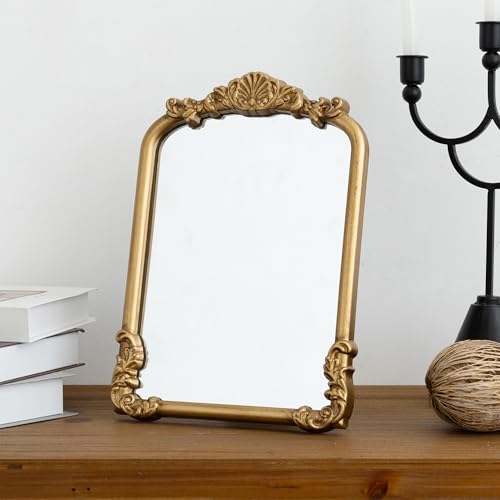 Meolyx Vintage Vanity Mirror Small Gold Makeup Desk Mirror with Stand Antique Traditional Arched Table Mirror 8.5x12 for Countertop Tabletop Living Room Bedroom Bathroom