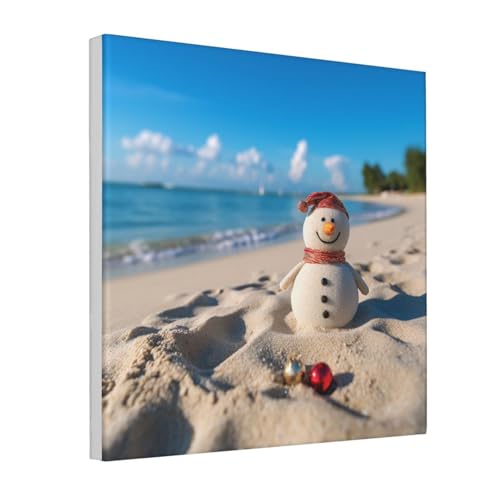 Toile bonhomme de neige sur la plage encadrée finition premium