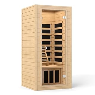 Real Relax Infrared Sauna Home Sauna Room, 1 Person Indoor Canadian Hemlock Wood Saunas with 1400W, Bluetooth Speaker, 6 Heating Plate, 9 Color Chromo Therapy Lights, 35.4 * 35.4 * 74.8Inch