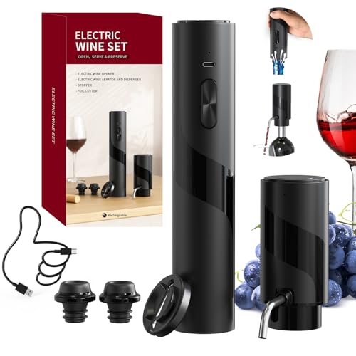 CIRCLE JOY Sacacorchos Eléctrico Juego de regalo, Abrebotellas de vino recargable con cortador de papel de aluminio, aireador y vertedor de vino Eléctrico 2 en 1 y 2 tapones de vacío, Cable USB