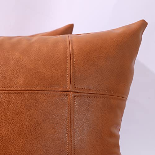 Mandioo Set Of 2 Classic Plaid Faux Leather Decorative Throw Pillow Covers,Hand Stitched Modern Luxury Vegan Outdoor Cushion Cases Pillowcases For Couch Sofa Bed Farmhouse 20X20 Inches Brown #TOP1